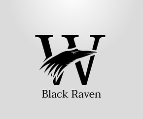 Letter W crow logo designs, black raven in letter W vector illustration design