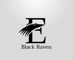 Letter E Crow logo designs, Black Raven in Initial E vector illustration design