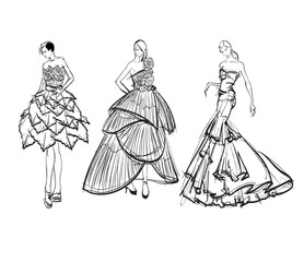 Beautiful young women in modern style.. Hand drawn stylish woman portrait. Fashion lady. Festive outfit. Sketch. Fashion model posing in dress. Hand drawn fashion woman.
