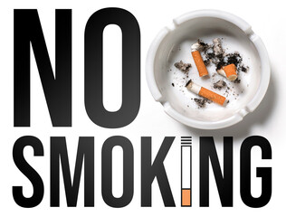 No smoking sign on white with an ashtray