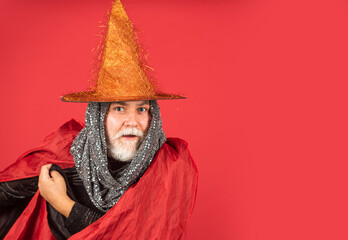 What a night. Halloween wide banner. Halloween decoration and scary concept. 31 october. gothic man in Halloween costume. Magic concept. Experienced and wise. Wizard costume hat Halloween party