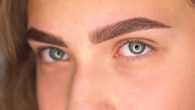 Professional styling, correction and lamination procedures of female eyebrows in beauty salon. Closeup view of client face and dyed brows. Focus at eyebrow.