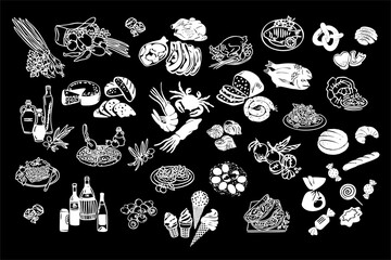Food package. vegetables, meat, chicken, cheese, sausage, wine, fruit, fish, seafood, ice cream, bread. Grocery store. Cartoon set on the theme of food. Vector illustration, outline, silhouette