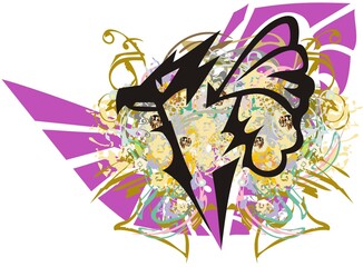 Abstract eagle symbol like a butterfly colorful splashes. An unusual eagle with colored floral decorative golden elements and a purple wing for your creative ideas, posters, prints, wallpaper, etc.