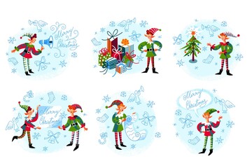 Christmas elf working set. Cute xmas character preparing presents, reading list, showing poster, congratulating people, with new year tree. Winter holiday vector illustration