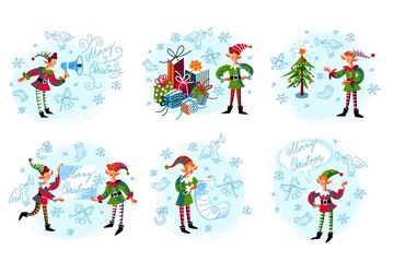 Naklejka premium Christmas elf working set. Cute xmas character preparing presents, reading list, showing poster, congratulating people, with new year tree. Winter holiday vector illustration