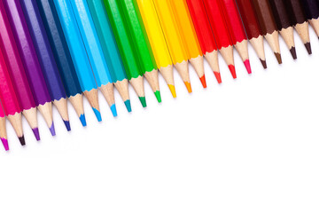 multi-colored wooden pencils in rainbow shades on a white isolated background mock up, horizontal, high quality photo.