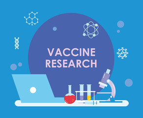 Vaccine research design with chemical flasks, microscope and laptop computer