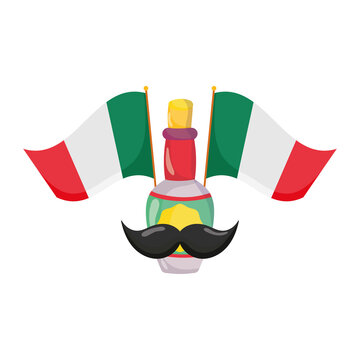 mexican independence day, tequila bottle with moustache and flag, celebrated on september
