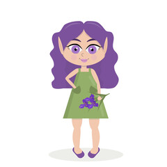 Beautiful cute little elf girl with purple hair with flowers on a white background. Cartoon illustration.