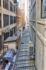Aluminium Prints Narrow Alley Highline, high line, urban garden in New York City NYC with buildings, narrow alley in Chelsea West Side by Hudson Yards