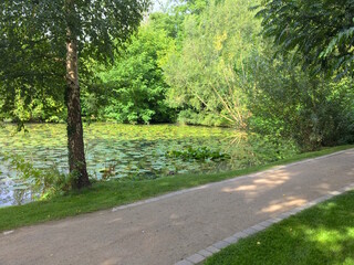 Parkanlage mit Fußweg, Bäumen, Rasen und einen Teich mit Seerosen: Klostergarten Rietberg mit Skulpturenpark, Kreis Gütersloh, Ostwestfalen-Lippe