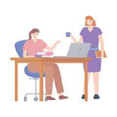 coworking, female employees office desk laptop and coffee cup