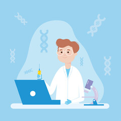 Vaccine research design with cartoon scientist with laptop and microscope