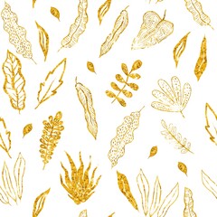 Seamless pattern with golden plants isolated on white background. Gold tropical leaves.Stock illustration.Greeting cards,wallpapers, flyers,banners concept.
