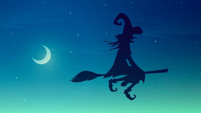 Vector spooky illustration with silhouette of a witch flying on a broomstick on a moonlit night, halloween background