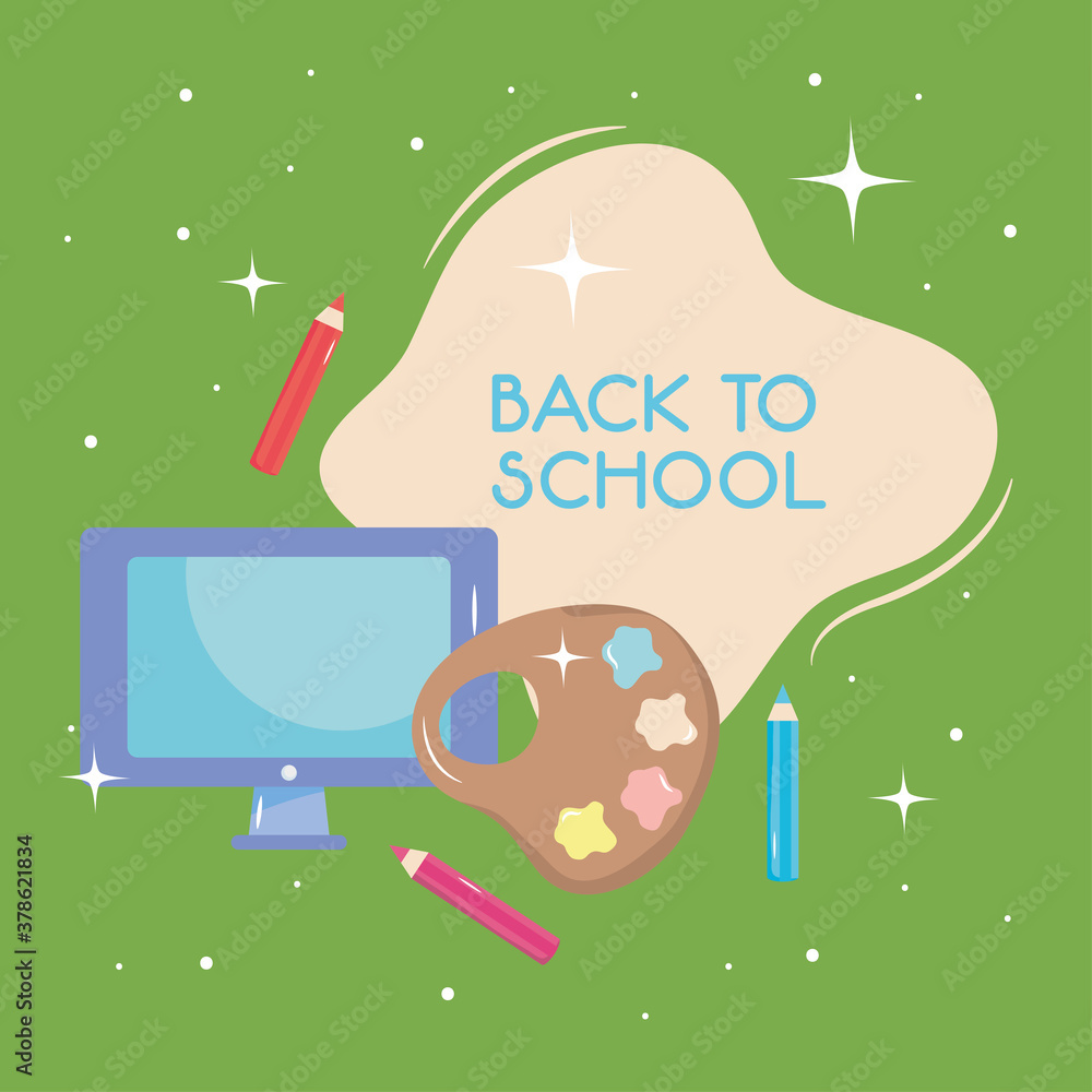 Poster back to school colorful design with computer and paint palette icons