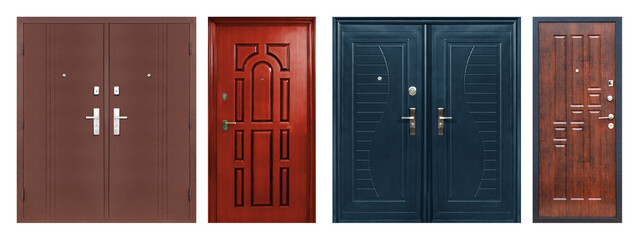 Set of models of entrance metal doors isolated on white background