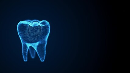 Isolated rotating tooth costructed with glowing points. Dental science animation. Digital tooth anatomy model. Oral health care concept.