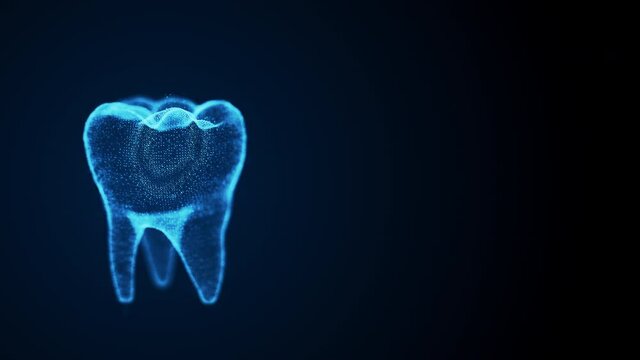 Isolated rotating tooth costructed with glowing points. Dental science animation. Digital tooth anatomy model. Oral health care concept.