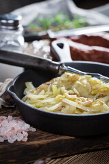 Fried onion in a cast iron skillet.