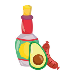 mexican independence day, tequila bottle avocado and sausage, celebrated on september