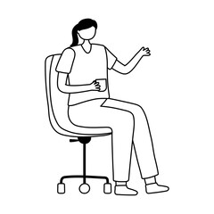 young woman with coffee cup sitting on office chair isolated design white background line style