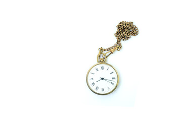 Gold pocket watch and chain isolated on white background including clipping path.