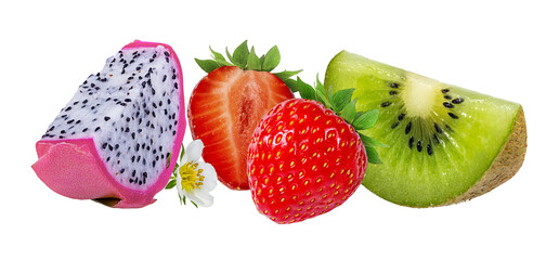 Dragon fruit,kiwi  and strawberry  isolated on white background