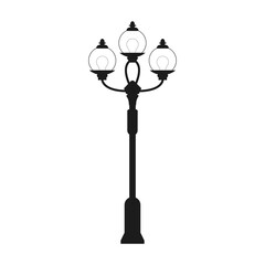 Black and white lantern icon. Silhouette of big street lamp with three bulbs and plafonds. Exterior architectural element isolated on white background.