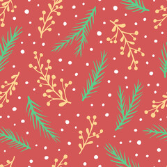 Fototapeta na wymiar Vector seamless pattern with hand drawn branches with berries, spruce branches and snow. Cute design for Christmas wrappings, textile and backgrounds