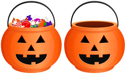 Vector illustration of a jack-o'-lantern style, orange Halloween candy bucket, both full and empty. © Handies Peak