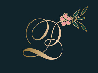 Letter B logo. Typographic icon isolated on dark green background. Golden lettering sign with leaves and flower. Uppercase decorative alphabet initial.Luxury style calligraphy