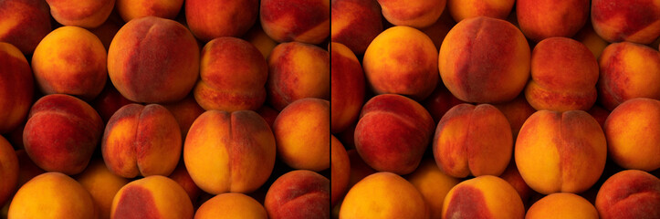 Pile of fresh peaches close up in different lights