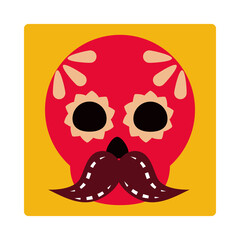 day of the dead, skull with floral decoration and mustache, mexican celebration icon block and flat