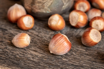 Closeup of hazelnuts on a table