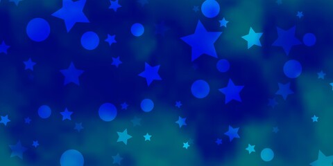 Light BLUE vector backdrop with circles, stars. Colorful disks, stars on simple gradient background. Design for wallpaper, fabric makers.