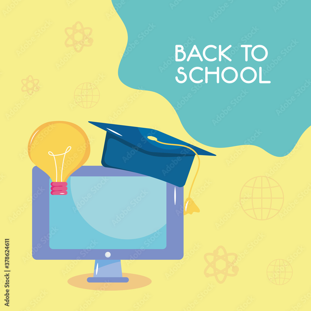 Poster back to school design with computer with graduation cap and bulb light