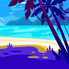 vector purple landscape of a tropical beach by the sea, ocean, lake against the background of cloudy sky and mountains, flying seagulls, vacation on the warm coast, silhouettes of palm trees, sandy 