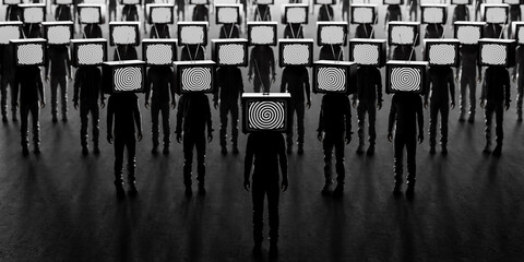 Zombie people with an old tv instead of head. Mass media addiction. Television manipulation and crowd control. Brainwashing concept. 3d render 3d illustration - obrazy, fototapety, plakaty