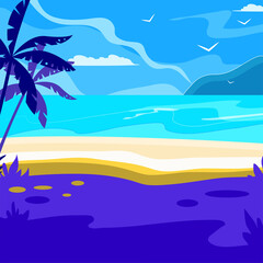 Fototapeta na wymiar vector purple landscape of a tropical beach by the sea, ocean, lake against the background of cloudy sky and mountains, flying seagulls, vacation on the warm coast, silhouettes of palm trees, sandy 