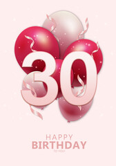Happy 30th birthday with realistic red and rosegold balloons on light rose background. Set for Birthday, Anniversary, Celebration Party. Vector stock.