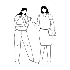 women standing with coffee cup and book isolated design white background line style