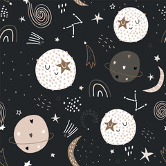 Childish seamless pattern with cute hand drawn planets, starts, moon. Space mood kids background. Perfect for apparel, fabric, textile, wallpaper. Vector illustration