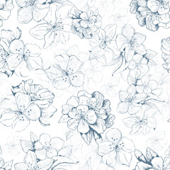 Pattern of delicate flowers on a white background. Linear drawing, graphics