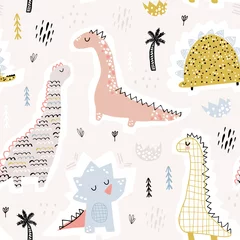 Tapeten Childish seamless pattern with hand drawn funny dinosaurs. Creative vector childish background for fabric, textile © solodkayamari
