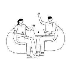 man and woman sitting with laptop isolated design white background line style