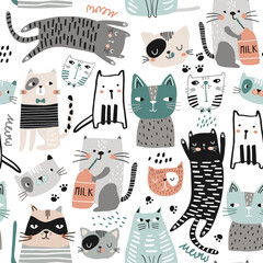 Seamless childish modern pattern with cute hand drawn cats. Creative kids hand drawn texture for fabric, wrapping, textile, wallpaper, apparel. Vector illustration