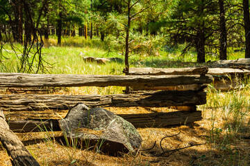 A zigzag fence made from old lumber in a field of green grass.