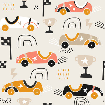 Seamless pattern with hand drawn retro racing cars. Cartoon car vector texture illustration.Perfect for kids fabric,textile,nursery wallpaper